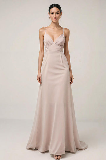 Robe longue formelle à bretelles spaghetti fourreau rose clair